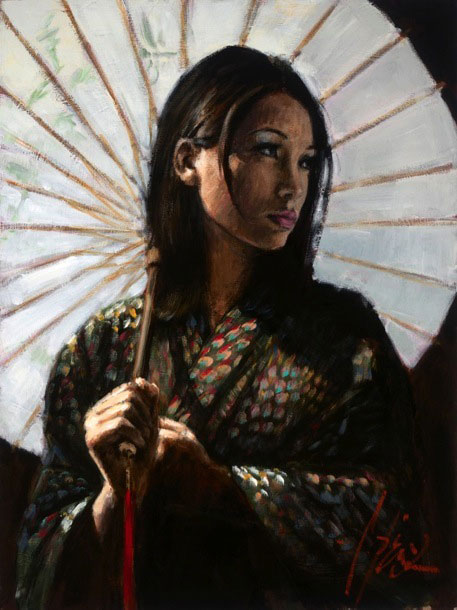 Michiko with White Umbrella, by Fabian Perez